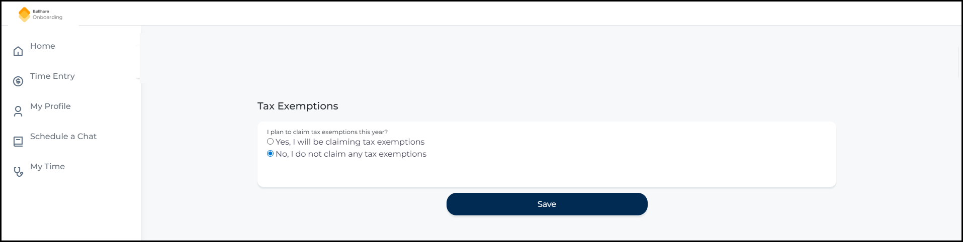The old Tax Exemptions page showing a yes/no question about claiming tax exemptions, with a Save button, in the previous visual style.